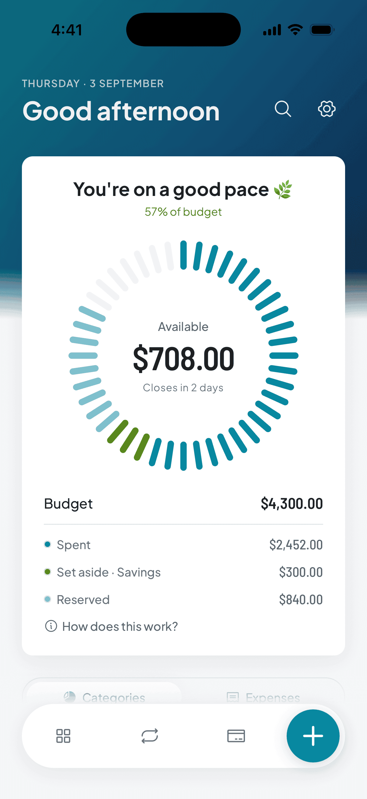 Thrymo's main screen: the pace you're keeping, what's still available this cycle, and the split between what's spent, what's set aside for savings and what's reserved.