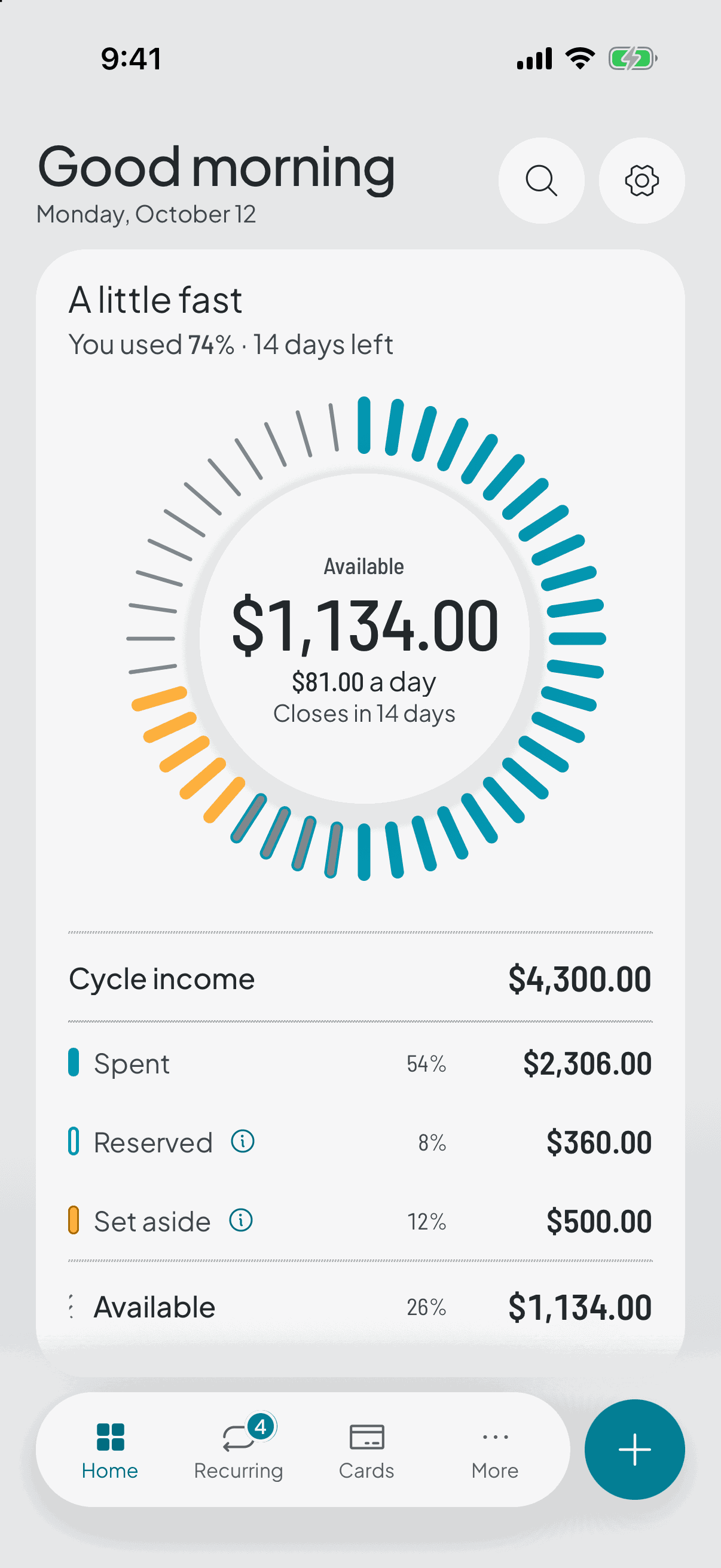 Thrymo's main screen: the pace you're keeping, what's still available this cycle, and the split between what's spent, what's set aside for savings and what's reserved.