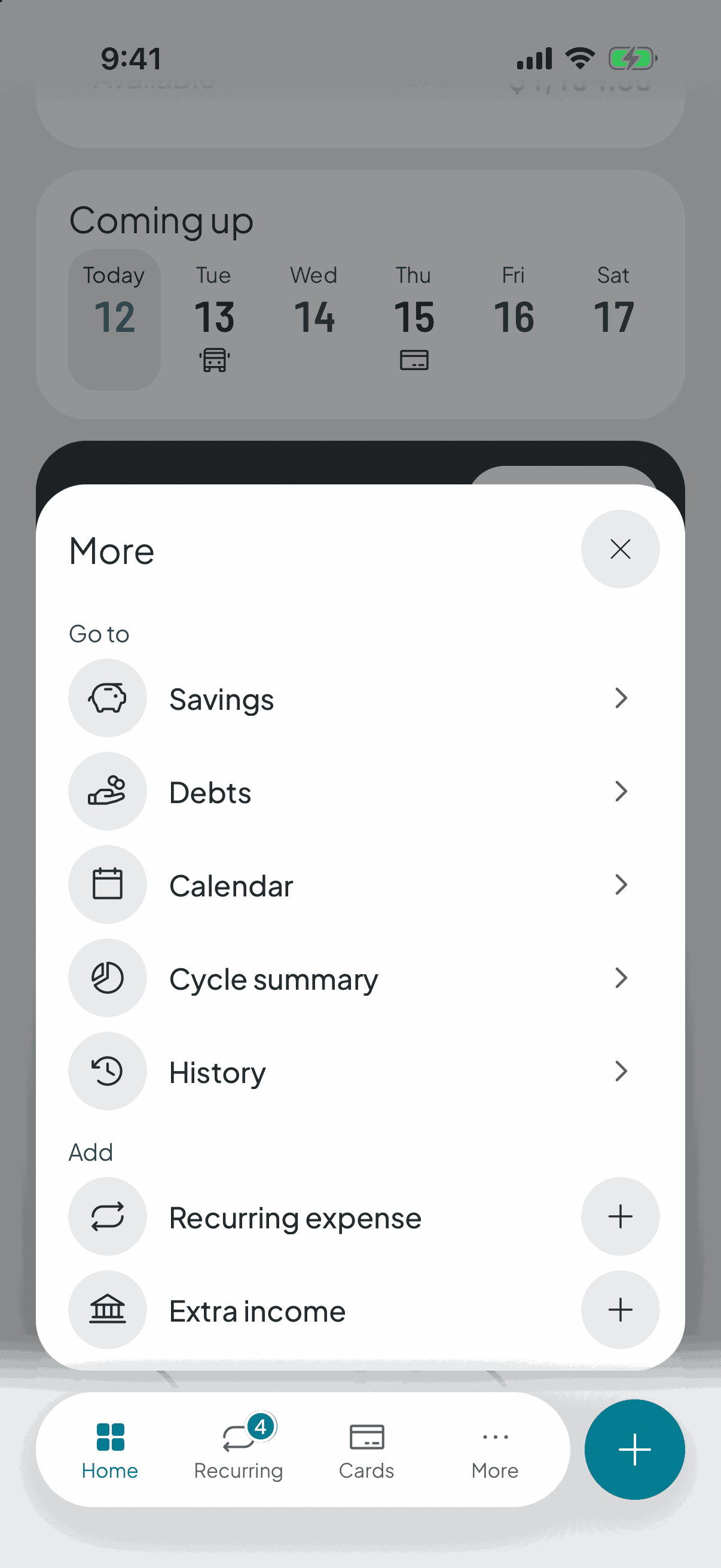 The home screen's shortcuts menu: savings, debts, the calendar, the cycle summary and your history.