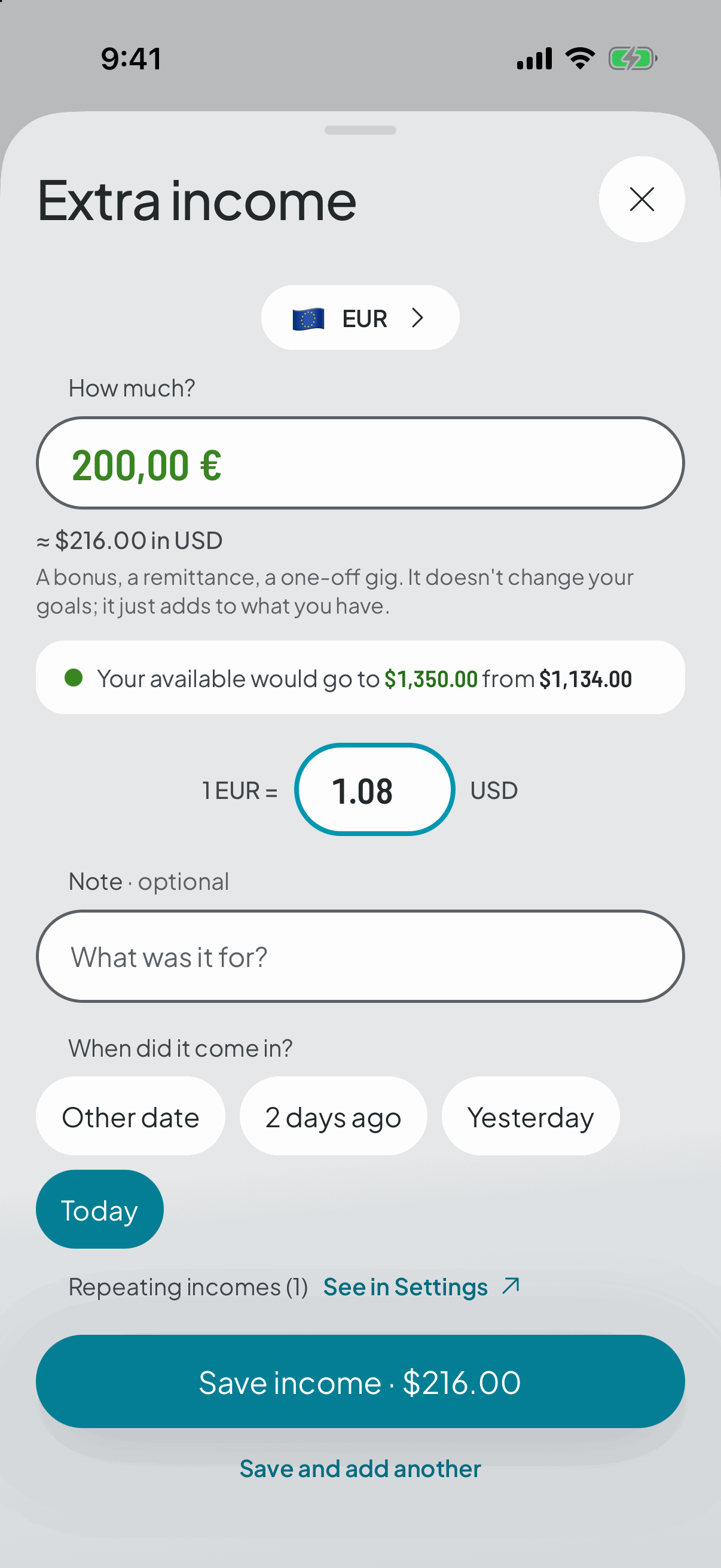 The same form with income in euros: the equivalent in your own currency and the rate, editable, before you save.
