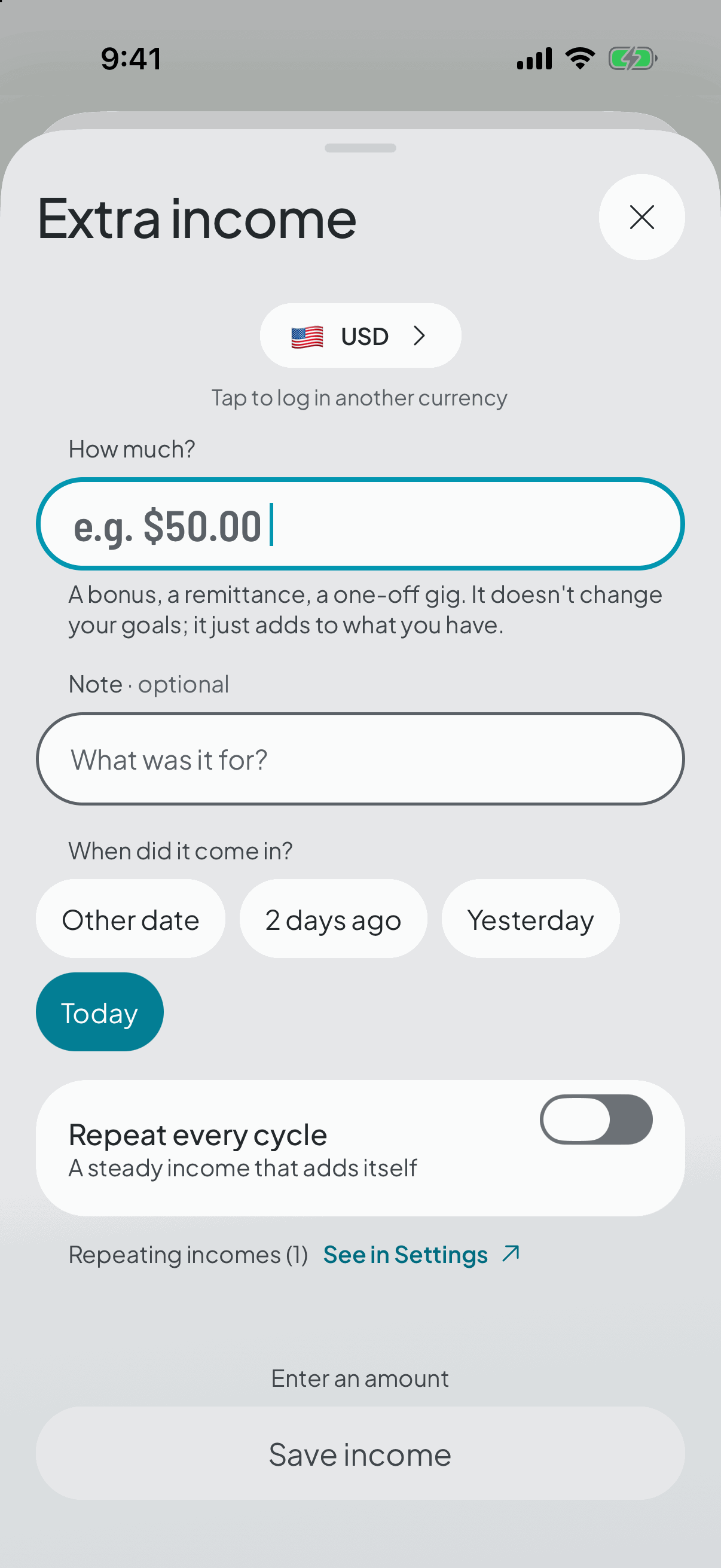 The extra-income form: the currency, the amount, and the option to repeat it every cycle.