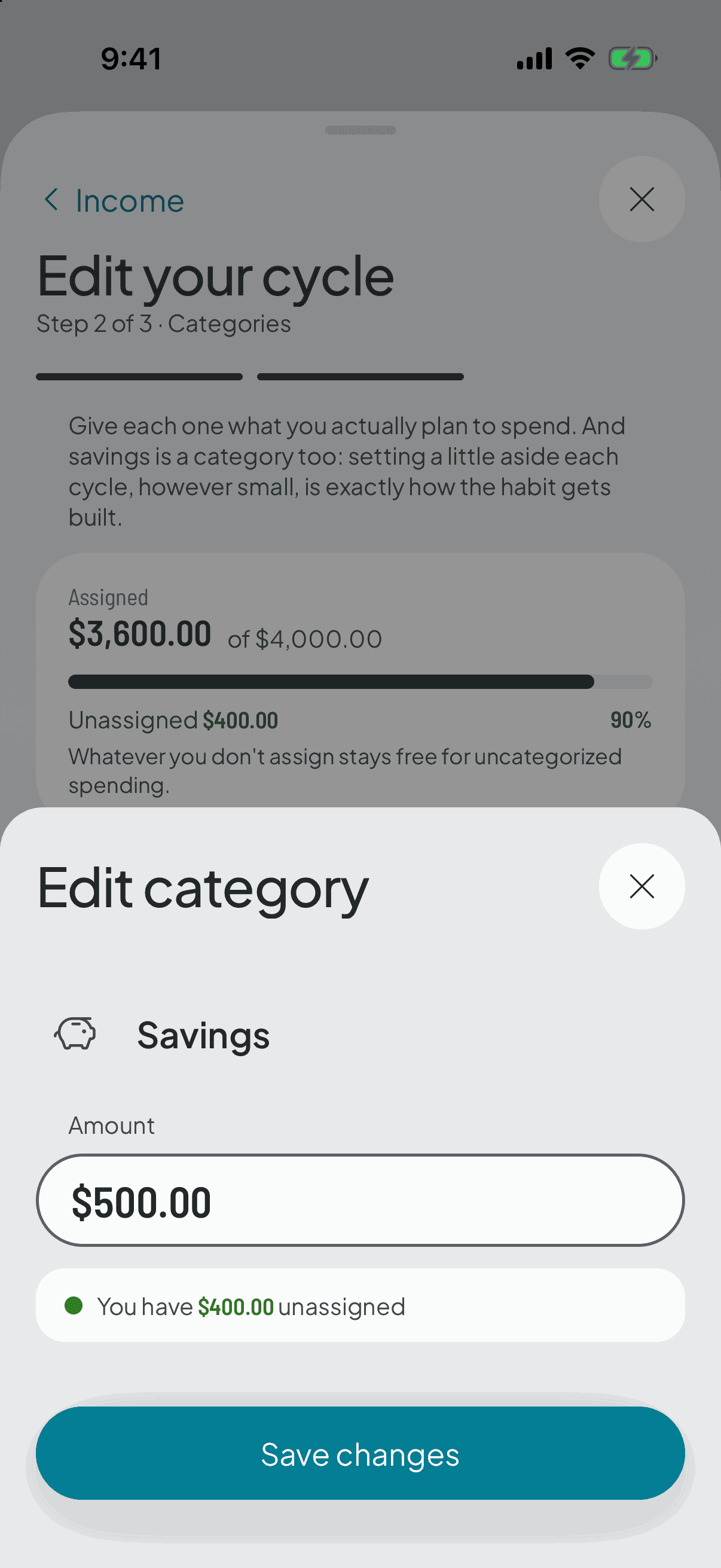 The savings editor: it only asks for the amount, because that category can't be renamed or given another icon.