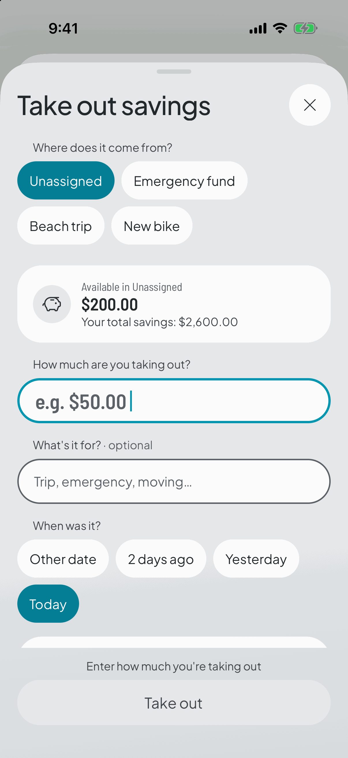 Taking money out of savings: how much you take from the running total, what it's for, and the note that it doesn't touch this cycle's categories.