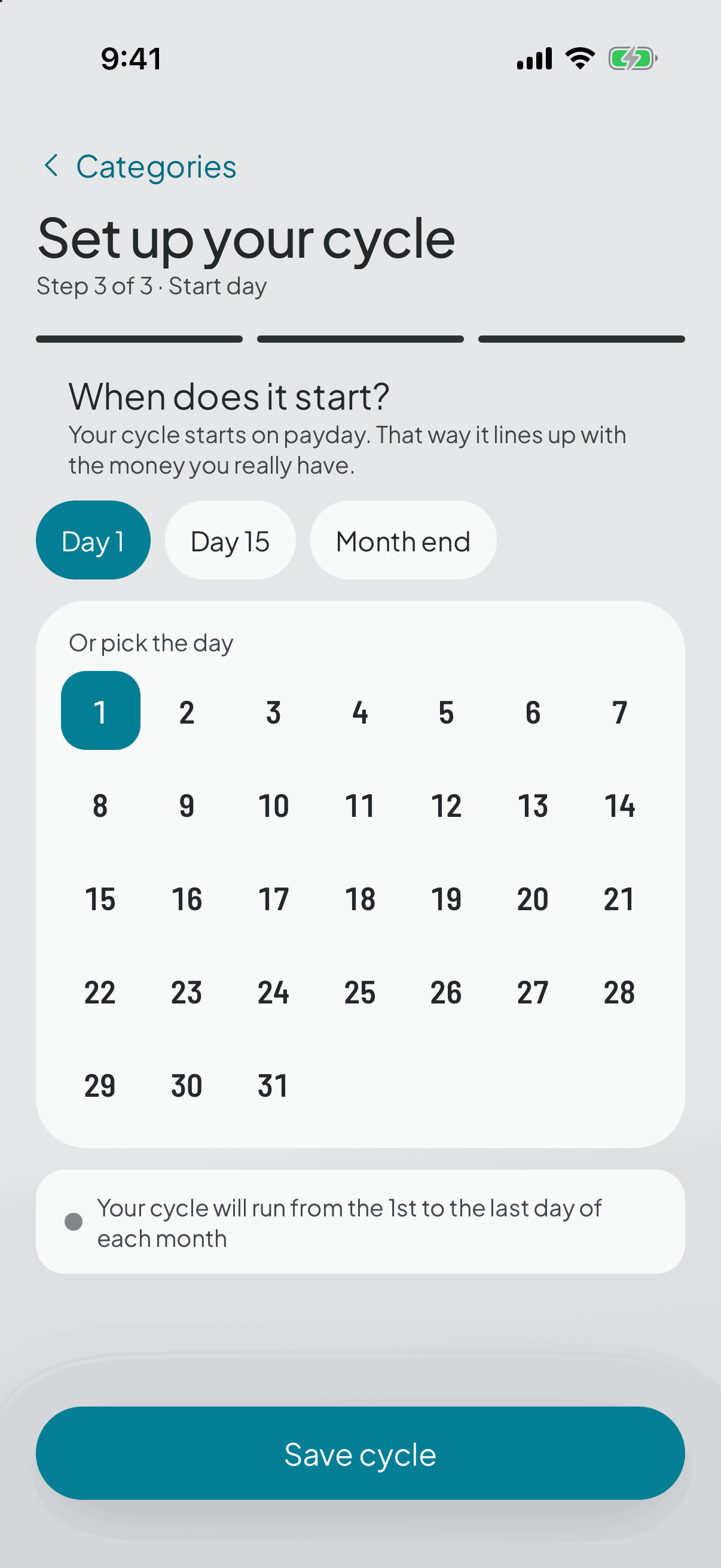 Last step of the setup: the day of the month you're paid, with shortcuts for the 15th, the 1st and month end.