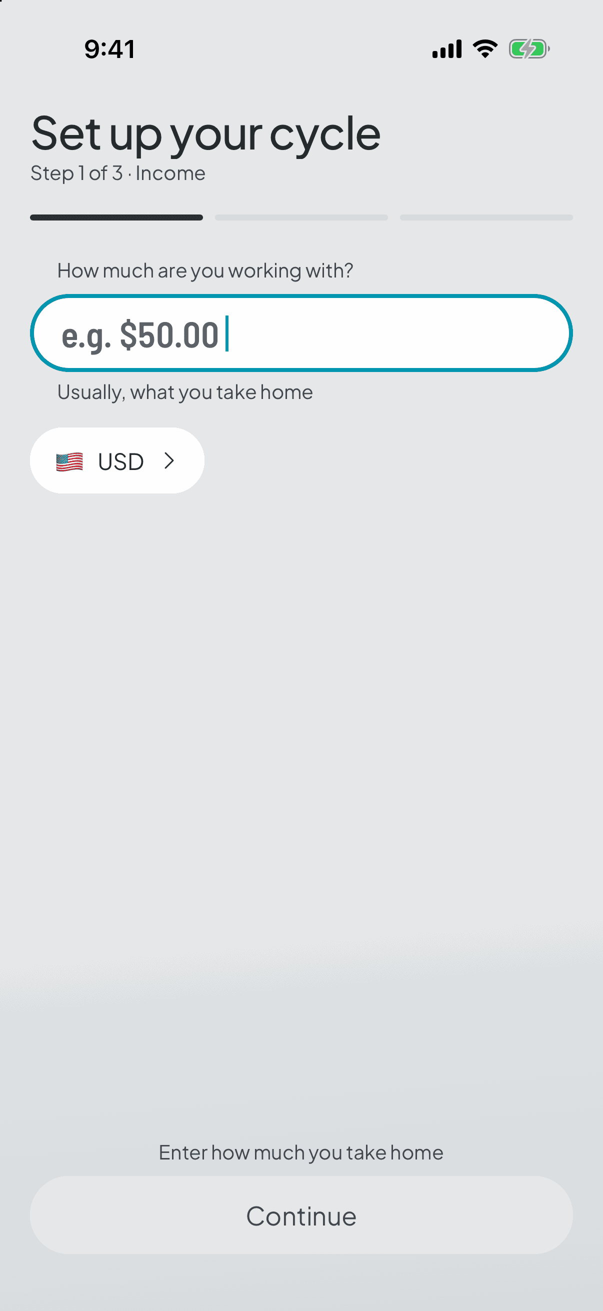 First step of the setup: the app asks how much you're working with, still at zero.