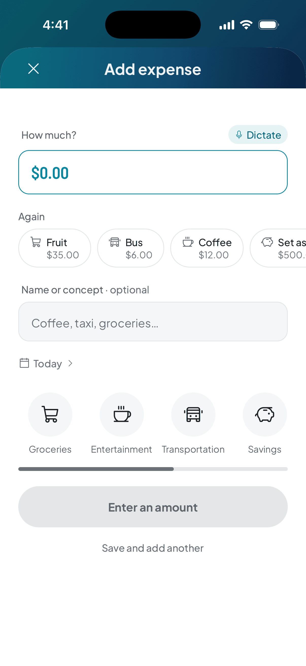 The log-an-expense form: how much it was, an optional name, the date, the strip of categories, and the shortcuts to dictate it or repeat an earlier one.