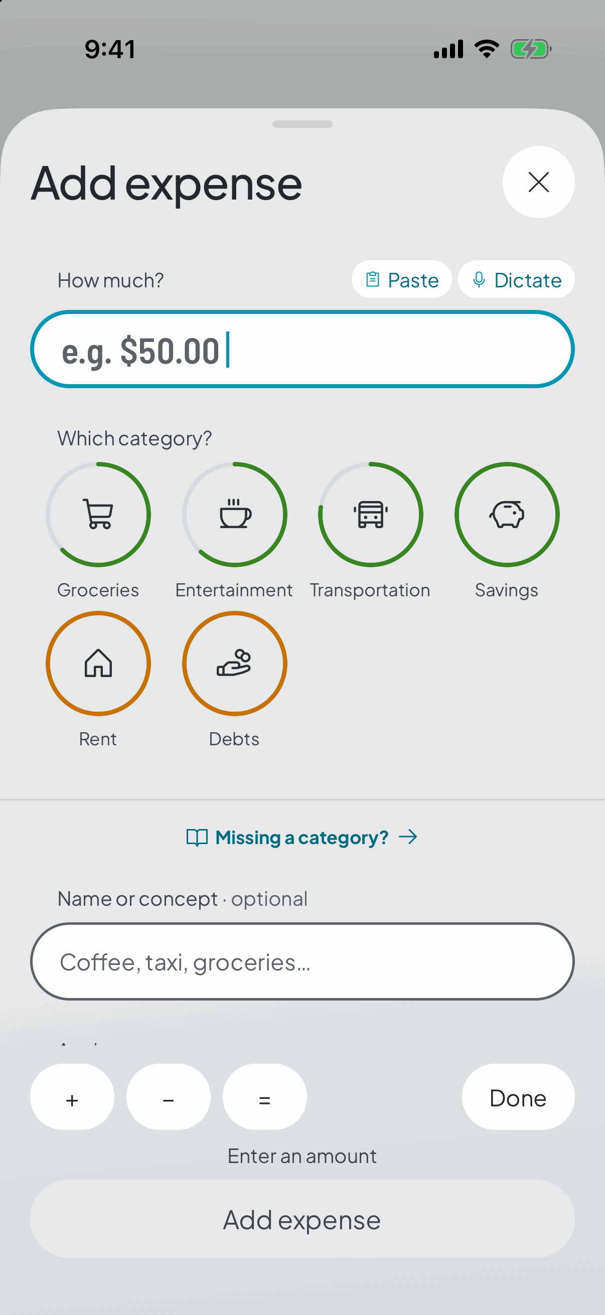 The log-an-expense form: how much it was, an optional name, the date, the strip of categories, and the shortcuts to dictate it or repeat an earlier one.