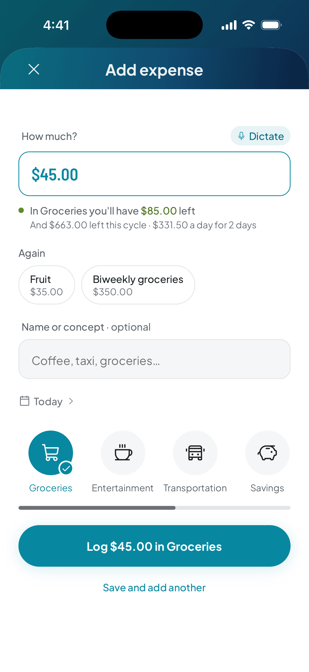 The same form with an amount typed in: below it, what would be left in the category, what would be left in the cycle, and how much a day that leaves you.