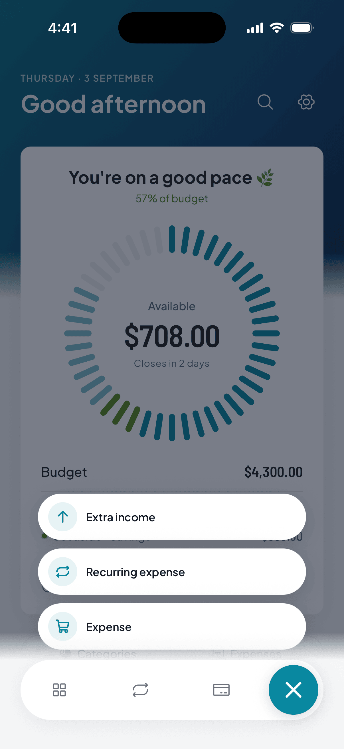 The menu the + button opens: log an expense, create a recurring expense, or record extra income.