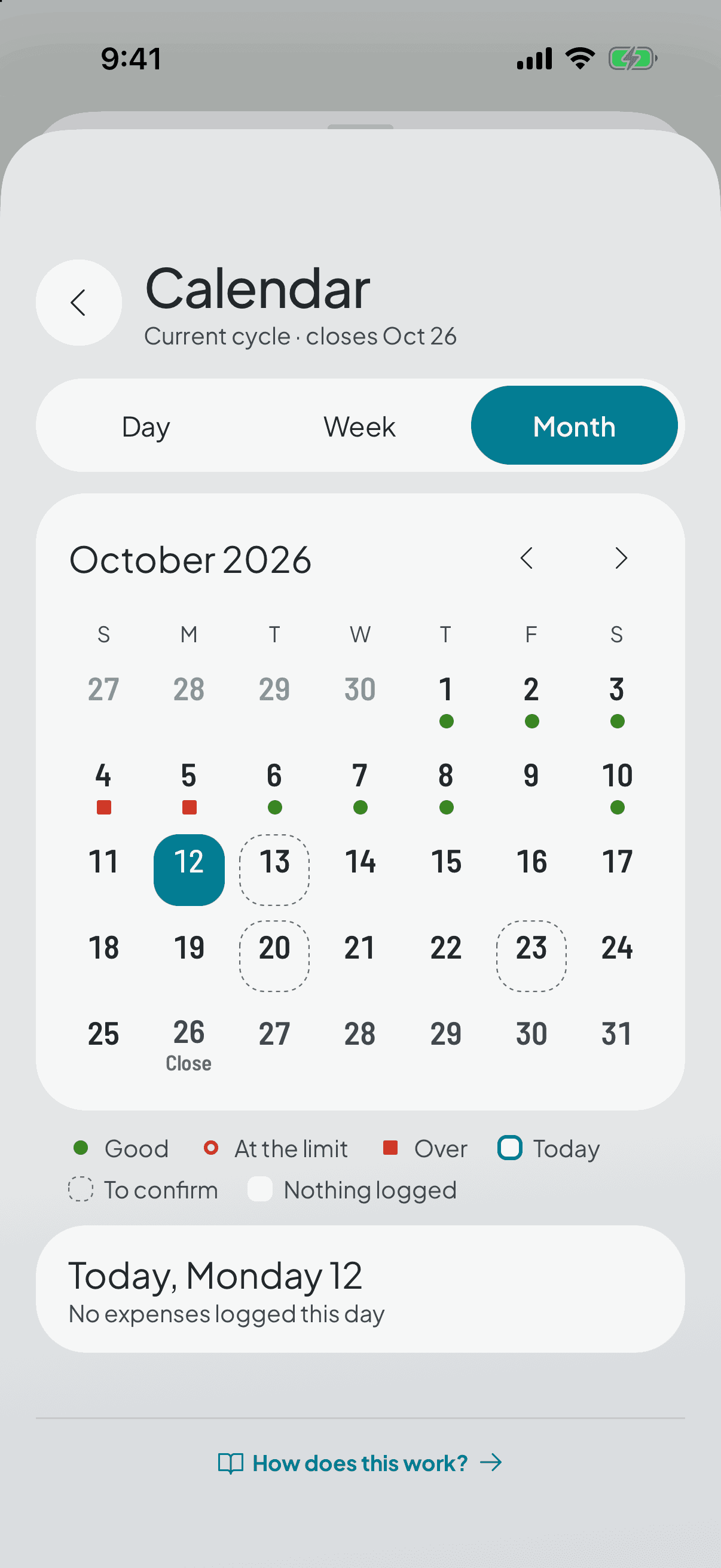 The month calendar with its traffic light: days in green, amber and coral against your daily pace, blank days with nothing logged, the cyan mark of an unconfirmed recurring expense, and the legend with the exact figures.