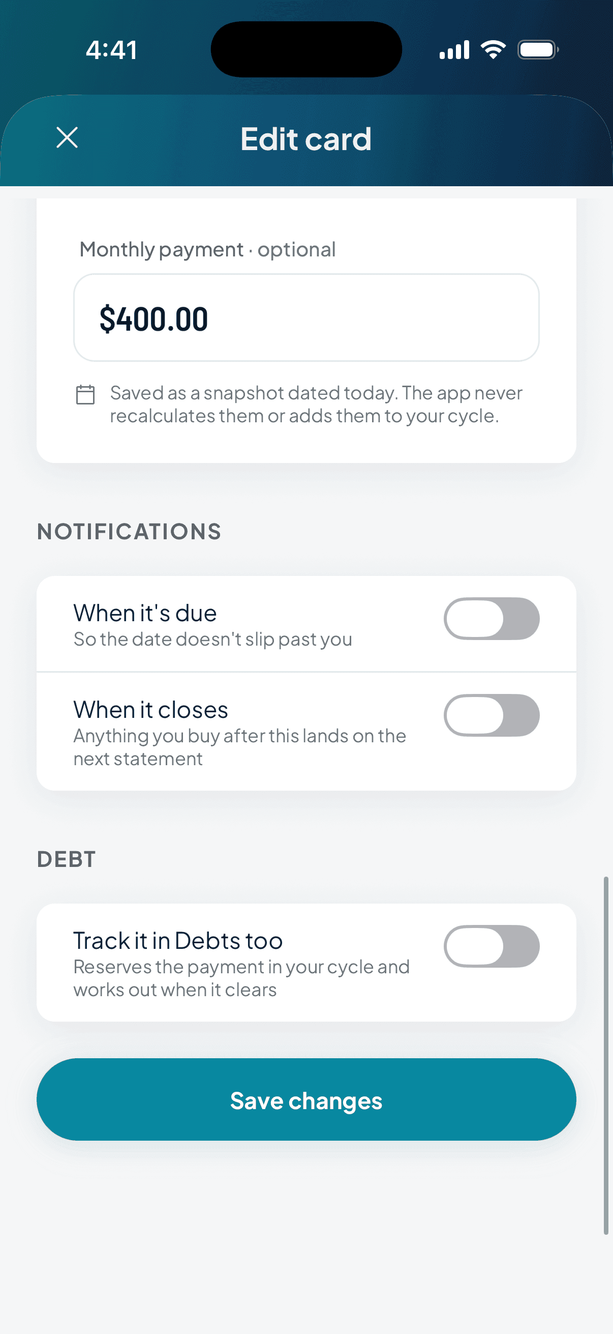 Editing a card: the statement and payment reminders, off by default, and the switch that also tracks it in Debts.