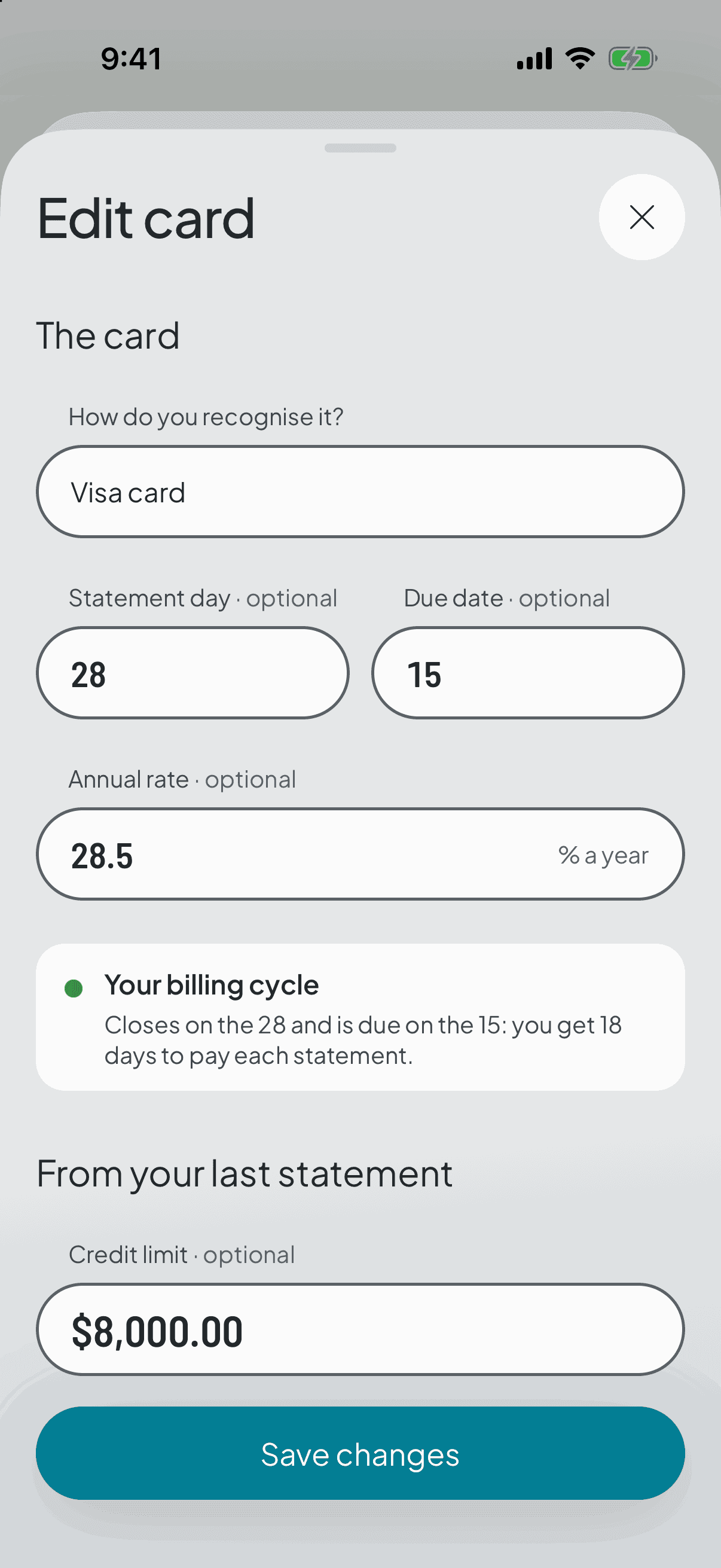 Editing a card: the statement and payment reminders, off by default, and the switch that also tracks it in Debts.