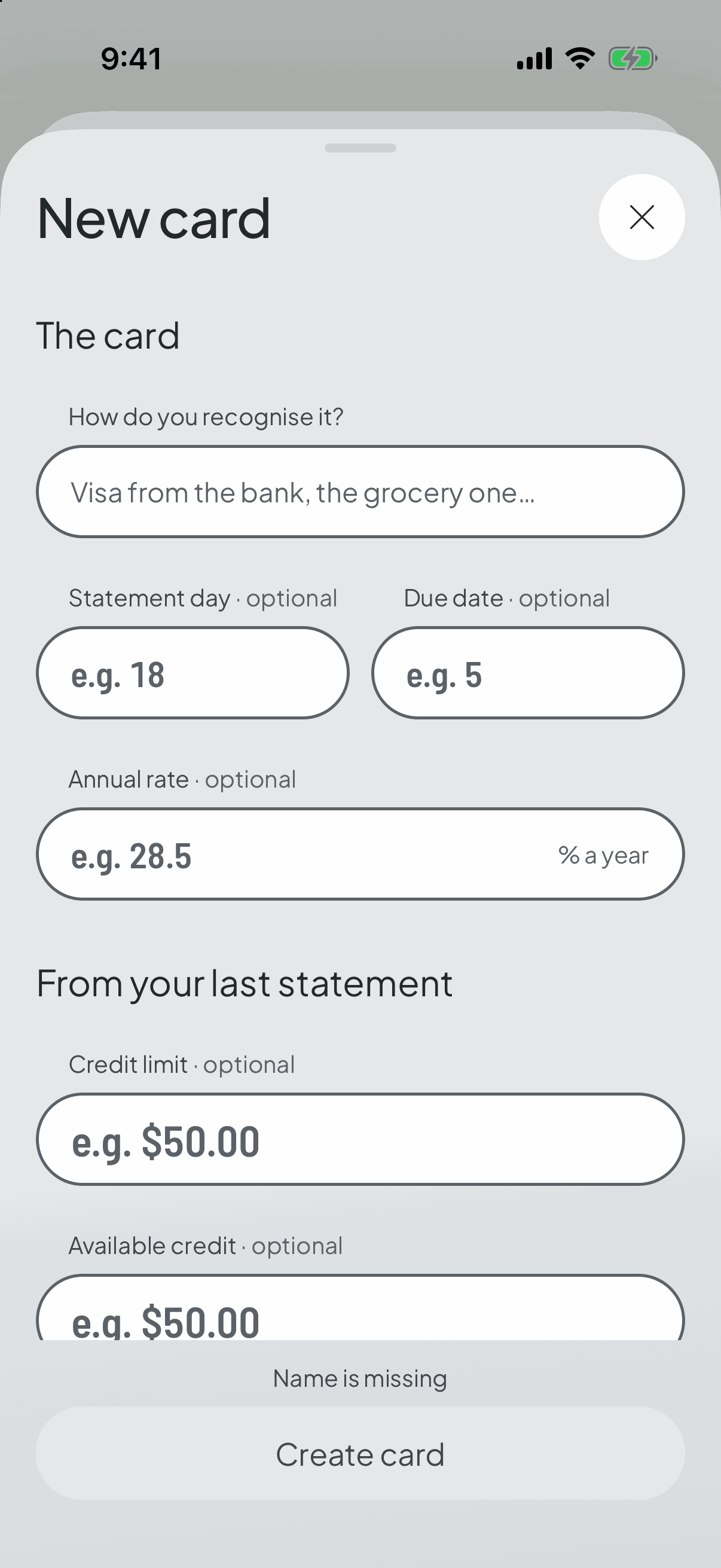 Adding a card: how you recognise it, its statement and payment dates, the optional rate, and the figures from your last statement, saved as a snapshot.