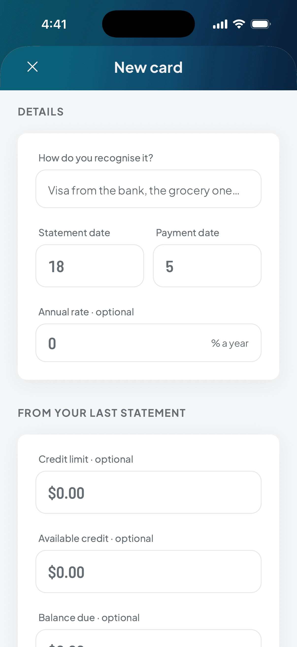 Adding a card: how you recognise it, its statement and payment dates, the optional rate, and the figures from your last statement, saved as a snapshot.
