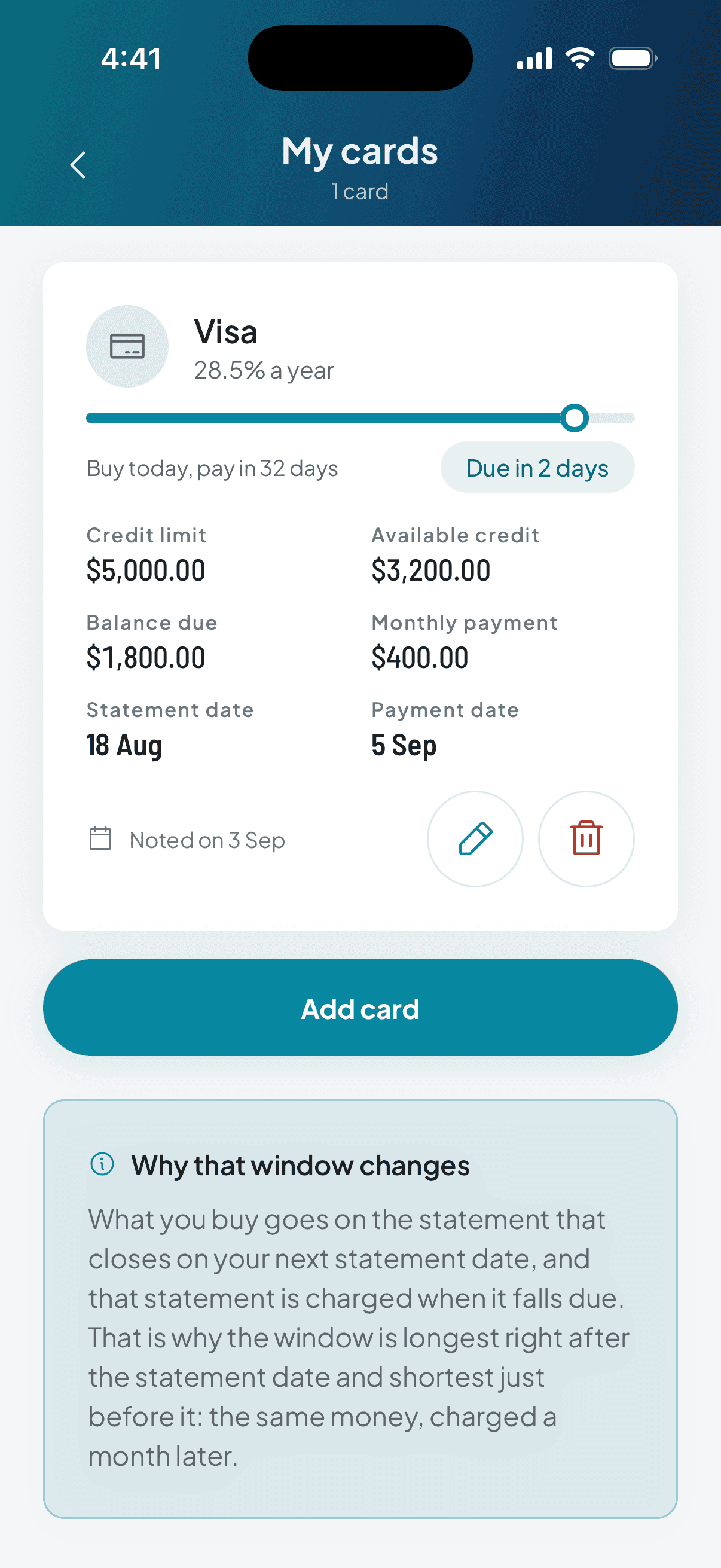 The card ledger: one card with its billing-cycle bar, how many days until what you buy today is charged, the statement figures with the day you copied them, and below, why that window changes.