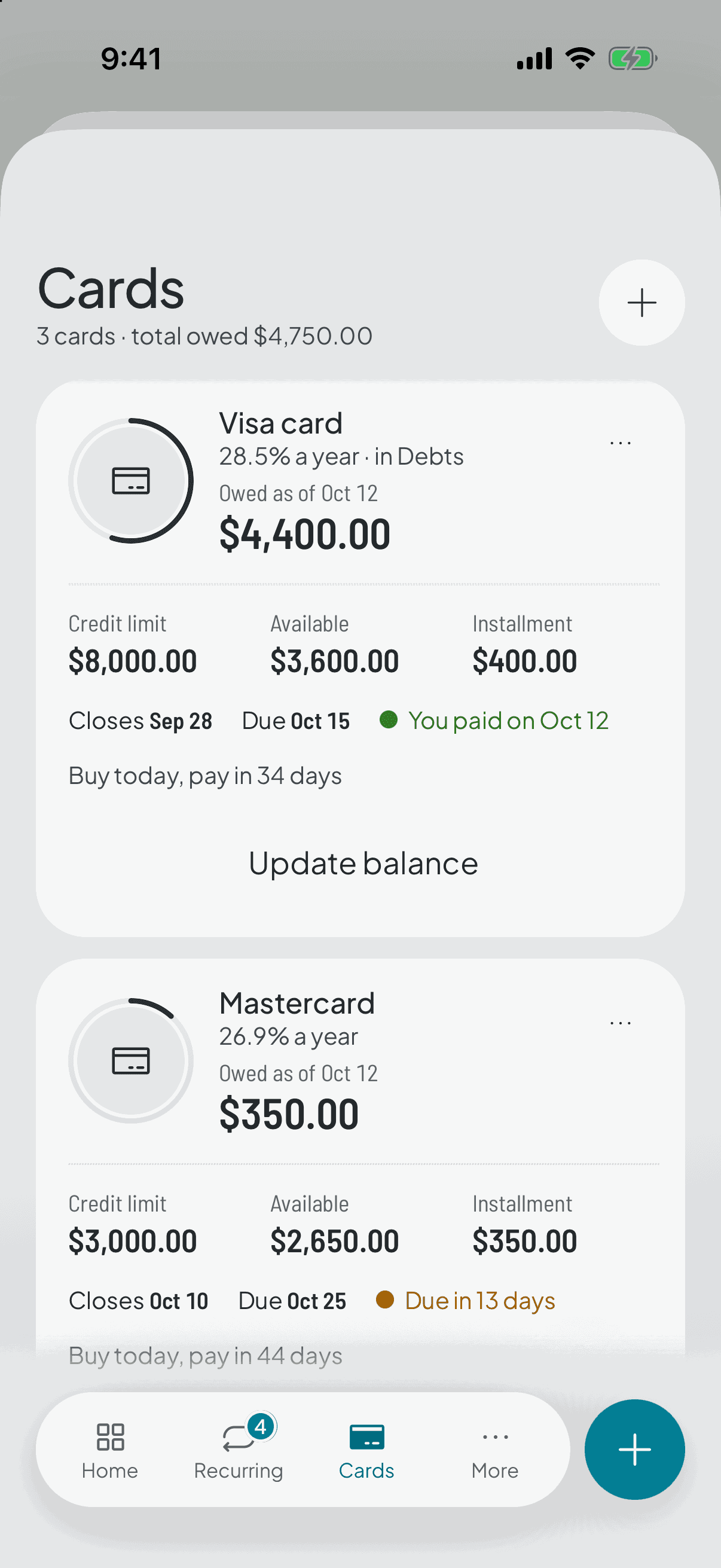 The card ledger: one card with its billing-cycle bar, how many days until what you buy today is charged, the statement figures with the day you copied them, and below, why that window changes.