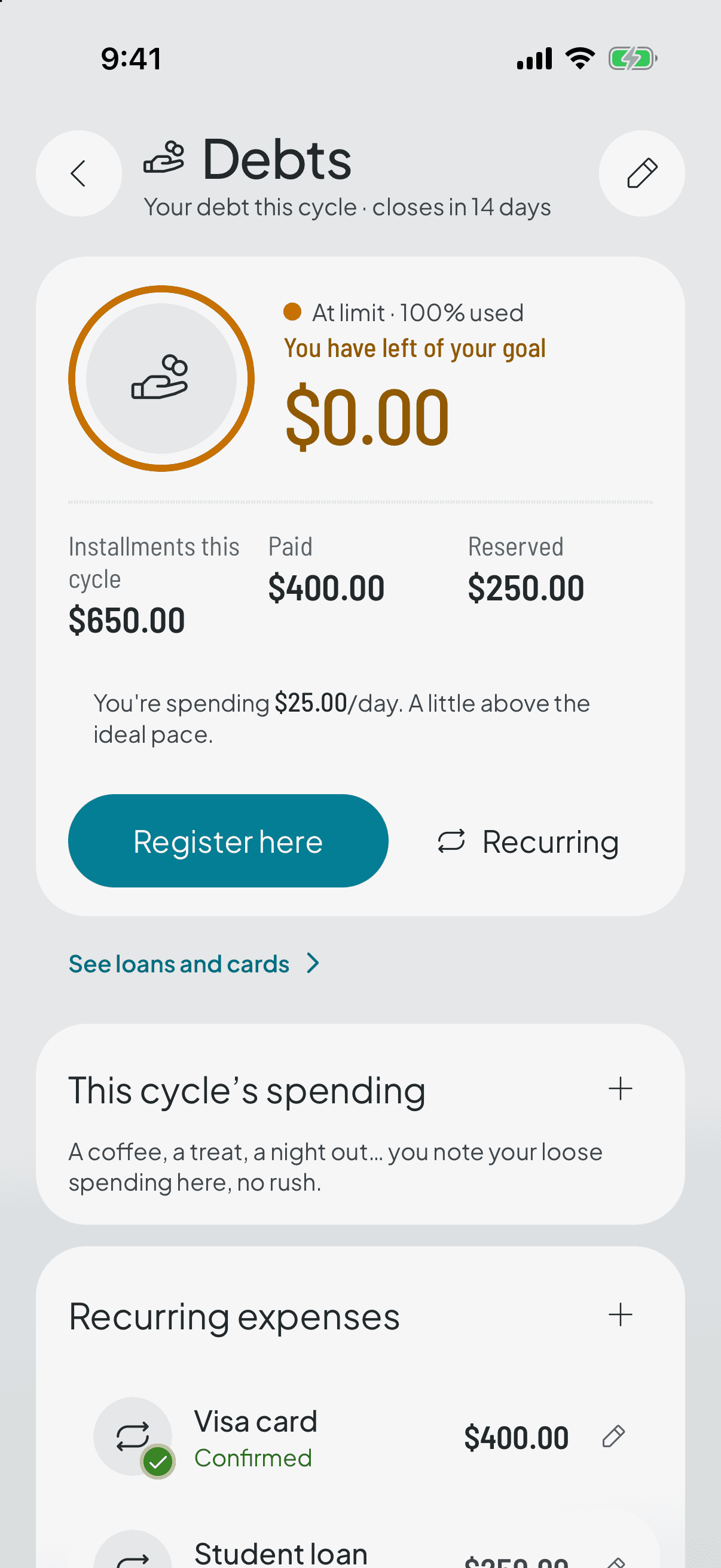 The category a debt's payment lives in: it shows up among its recurring expenses and its amount is reserved from day one.