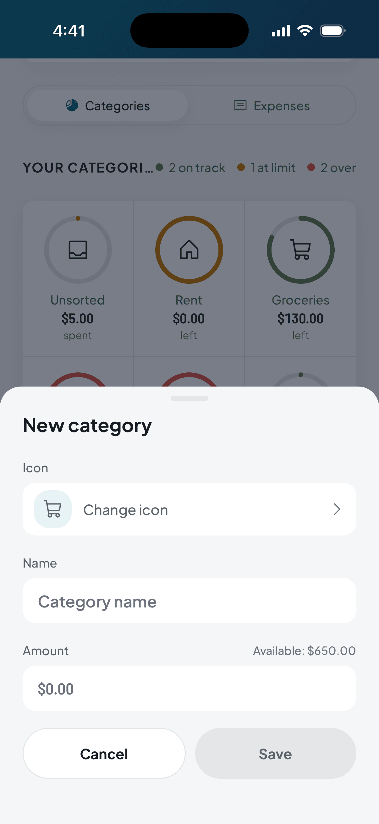 The new-category sheet, blank: the icon still to pick, the name still to type and the amount at zero, with what's left of your income alongside.