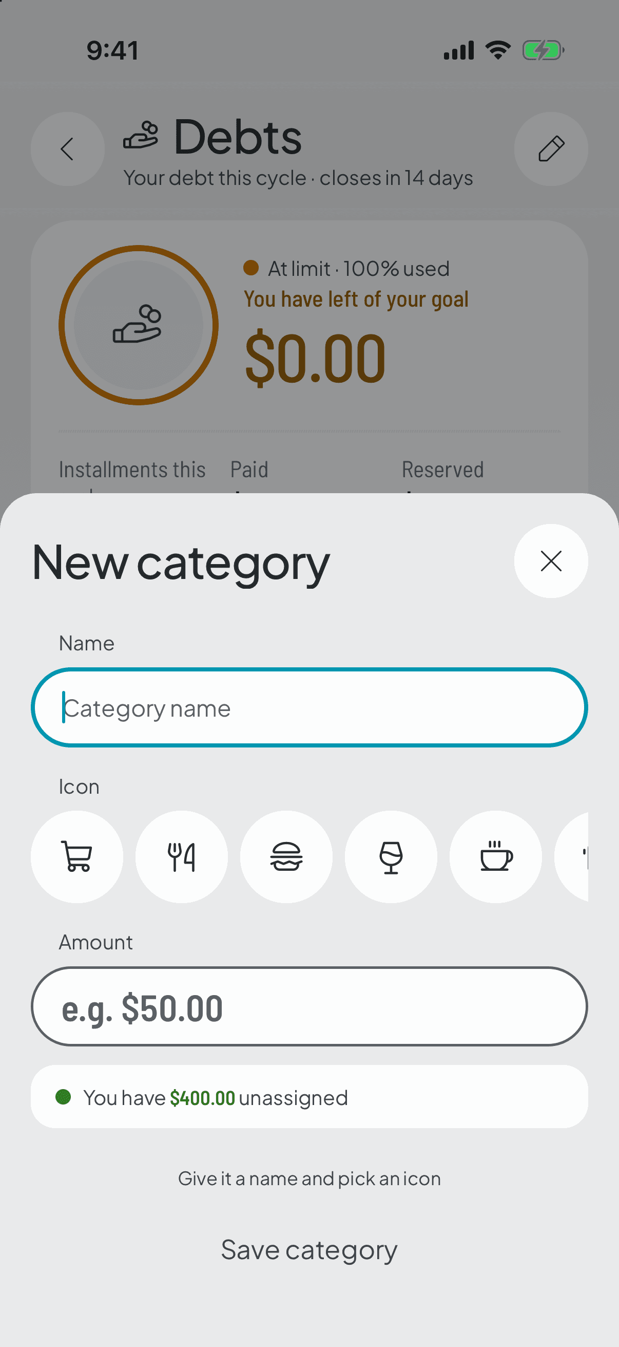 The new-category sheet, blank: the icon still to pick, the name still to type and the amount at zero, with what's left of your income alongside.