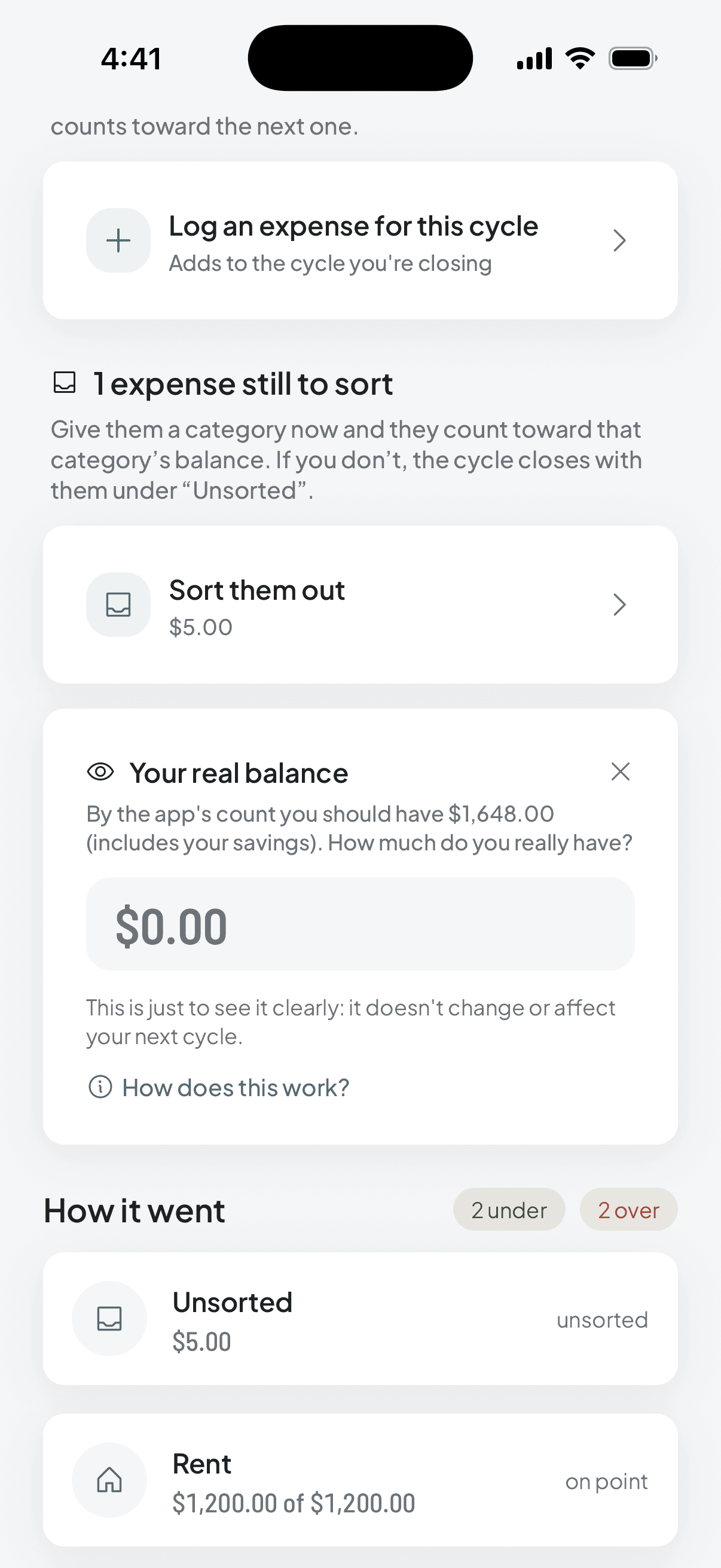 The real-balance question, which is optional: the app says what you should have and you type what you actually have.