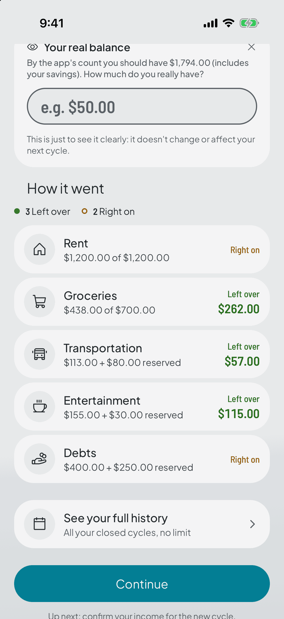 The real-balance question, which is optional: the app says what you should have and you type what you actually have.