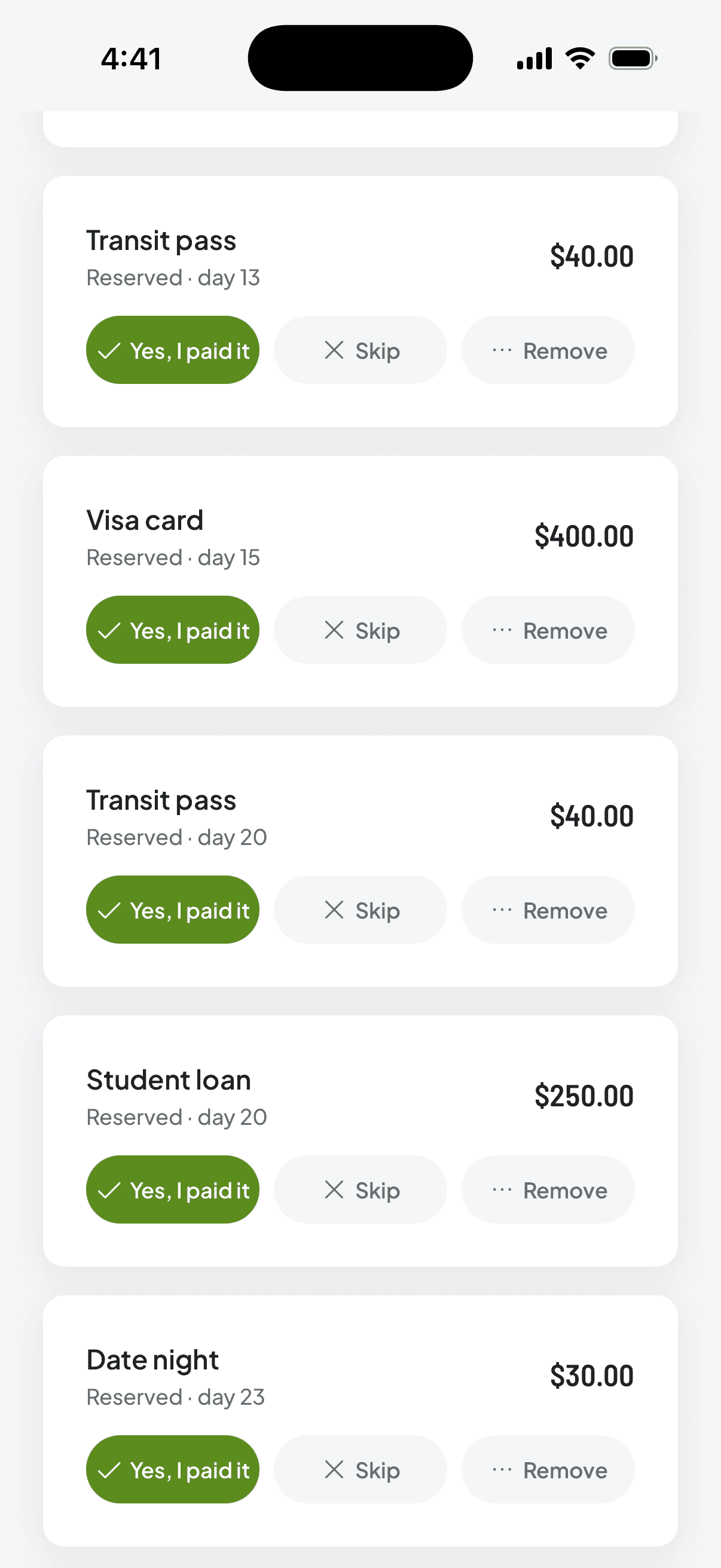 The close review: each recurring expense with its three ways out — paid, skip or remove.