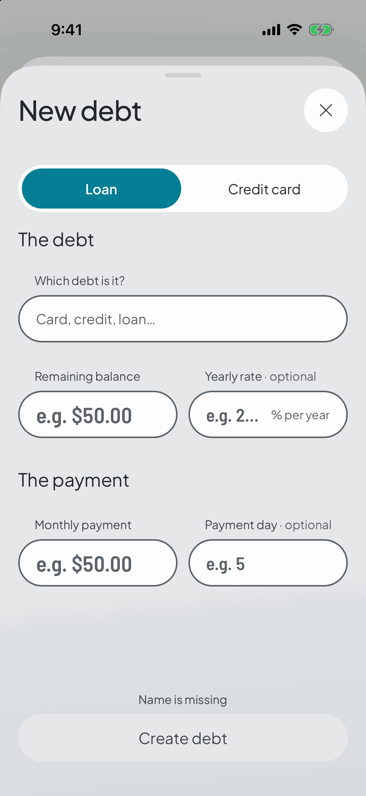 Adding a debt: which category its payment lives in, the balance, what you pay monthly, the rate and the day it falls on.