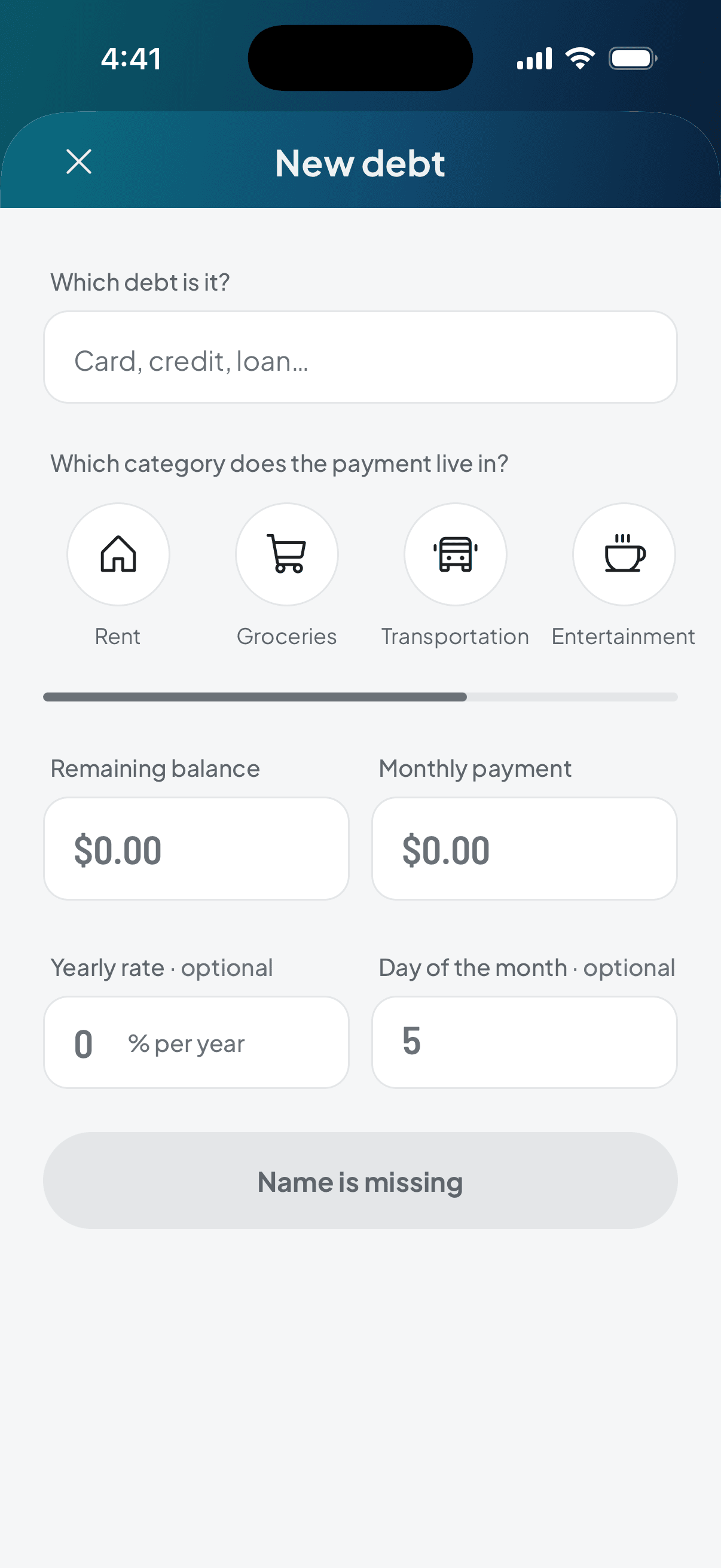 Adding a debt: which category its payment lives in, the balance, what you pay monthly, the rate and the day it falls on.