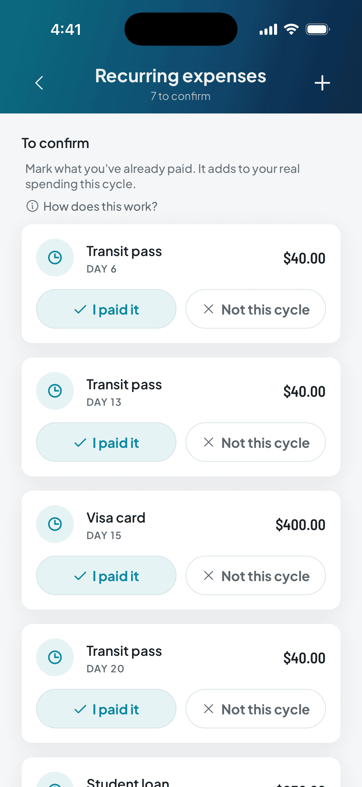 The recurring-expenses screen: the ones still to confirm, each with its amount and its day, and the choice between marking it paid or leaving it out of this cycle.