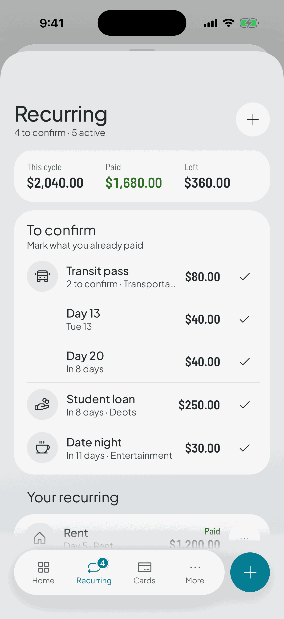 The recurring-expenses screen: the ones still to confirm, each with its amount and its day, and the choice between marking it paid or leaving it out of this cycle.