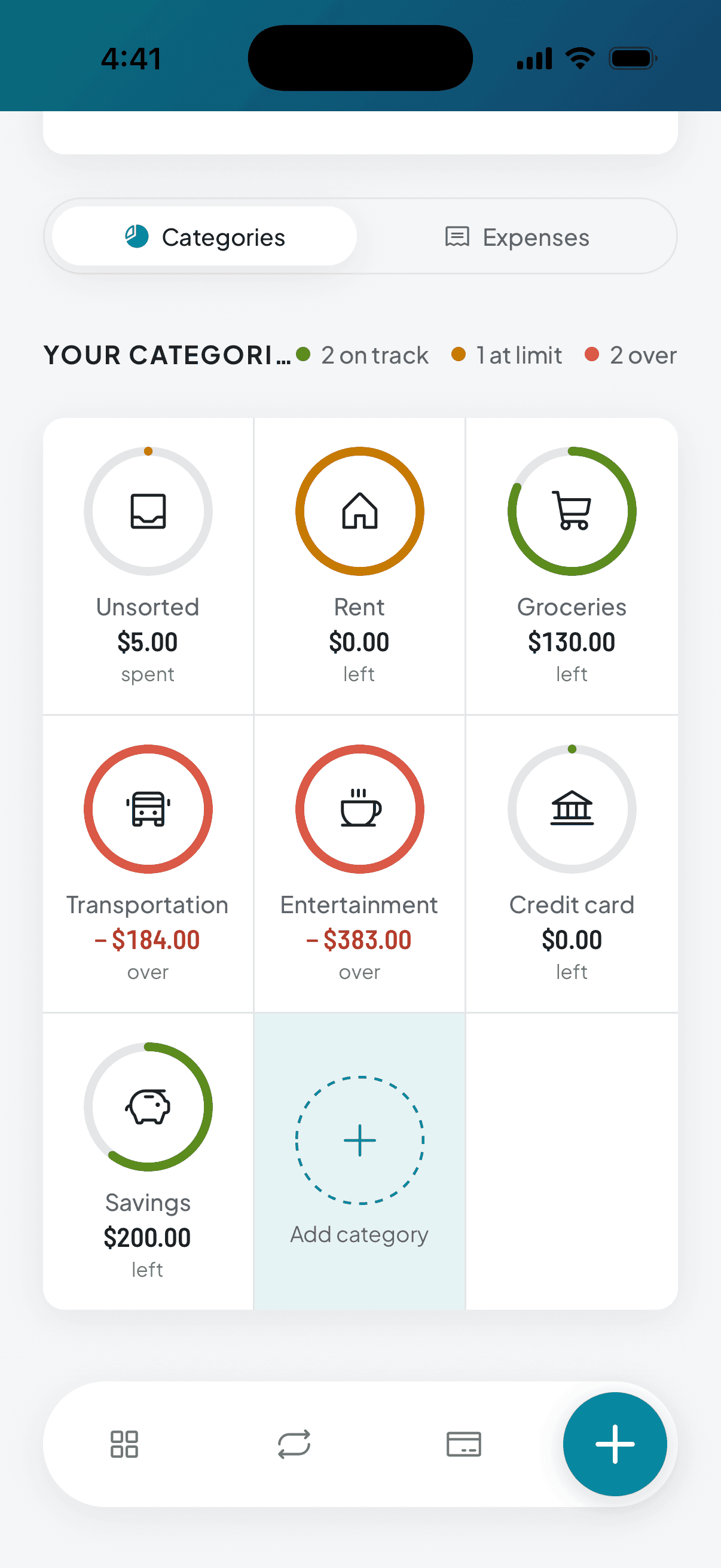 The home screen with the categories in view: each one with its amount and, at the end of the grid, the dashed square that adds one more.