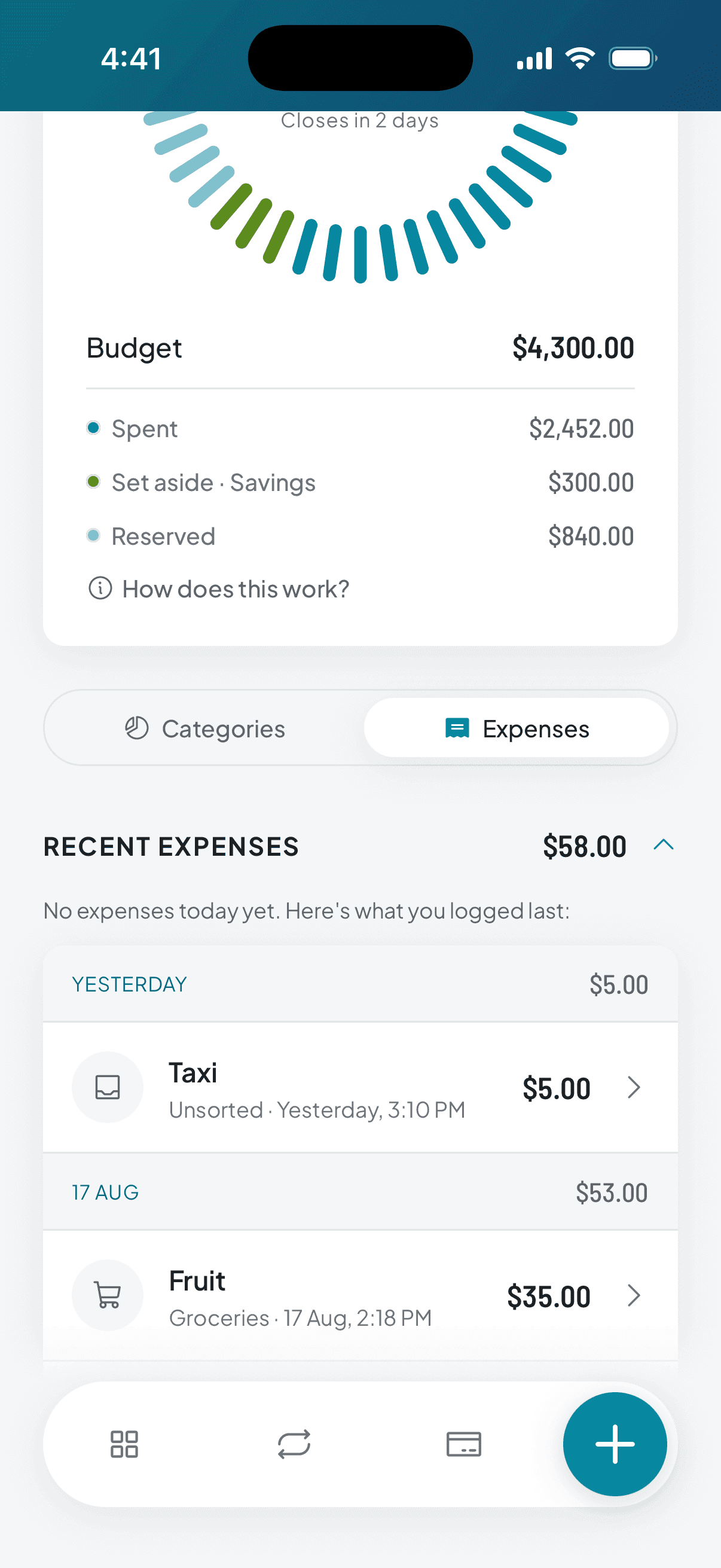 The home screen with the list set to Expenses: the same hero as always and, below it, the last things you logged with their category and the time you logged them.