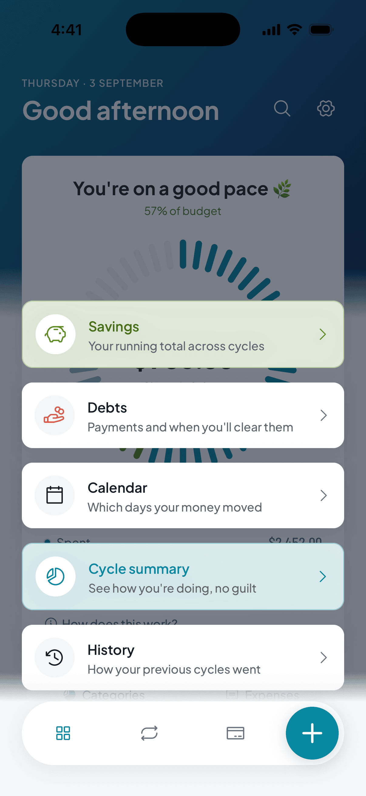 The home screen's shortcuts menu: savings, debts, the calendar, the cycle summary and your history.