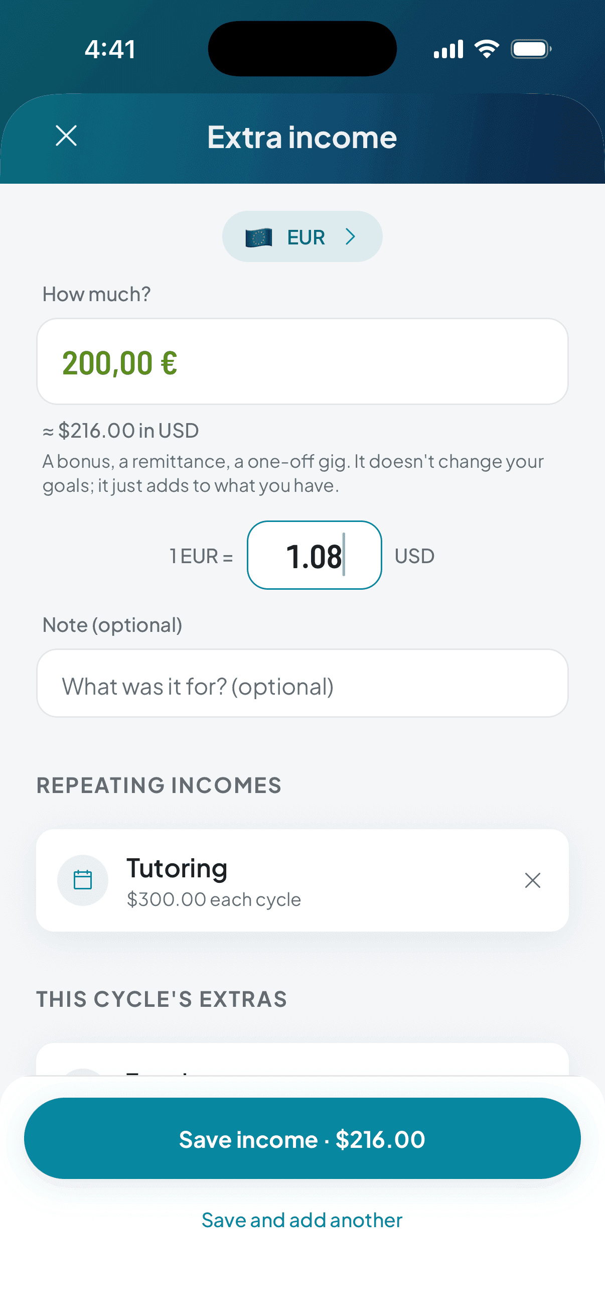 The same form with income in euros: the equivalent in your own currency and the rate, editable, before you save.