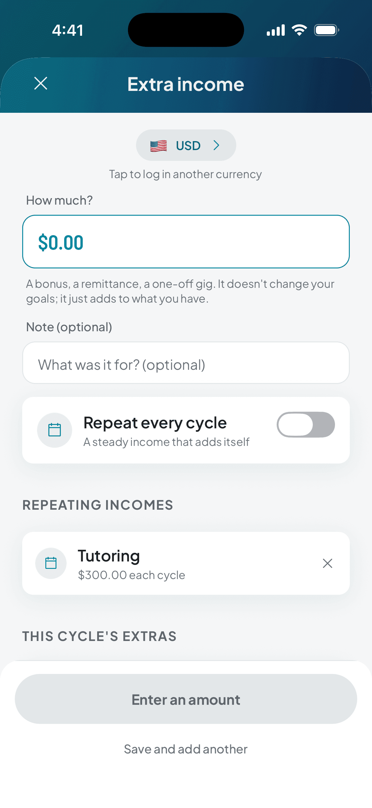 The extra-income form: the currency, the amount, and the option to repeat it every cycle.