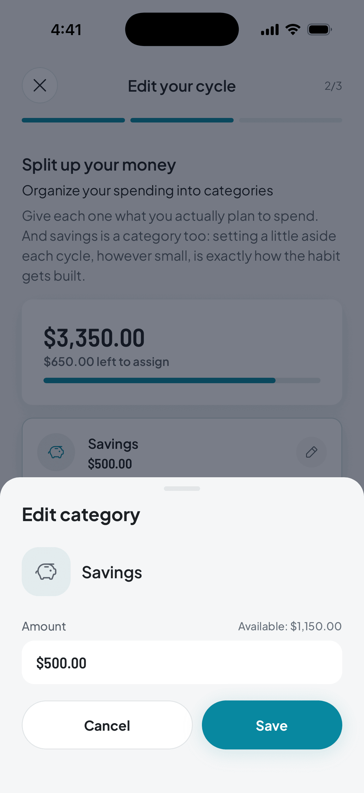 The savings editor: it only asks for the amount, because that category can't be renamed or given another icon.