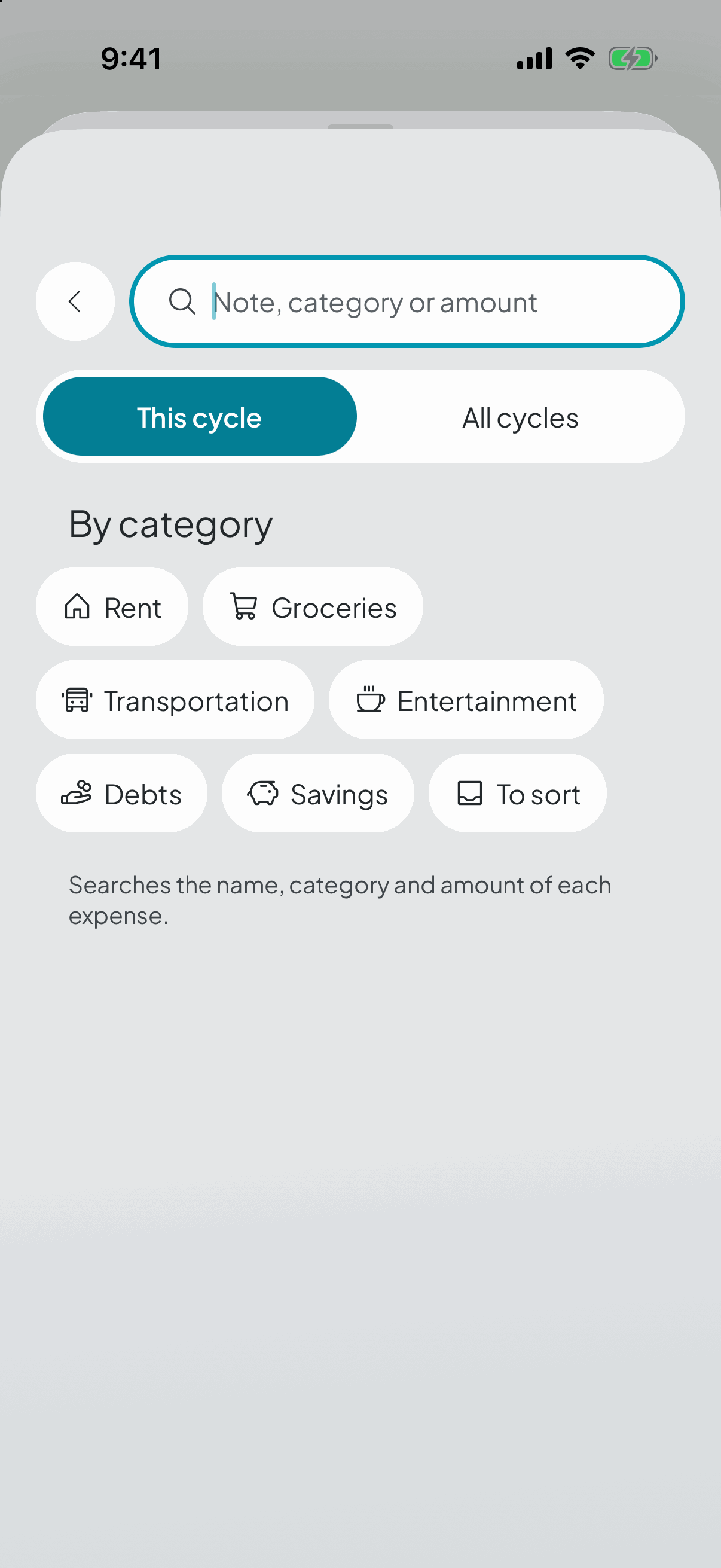 The expense search, still blank: it takes a note, a category or an amount, and it looks at earlier cycles too.
