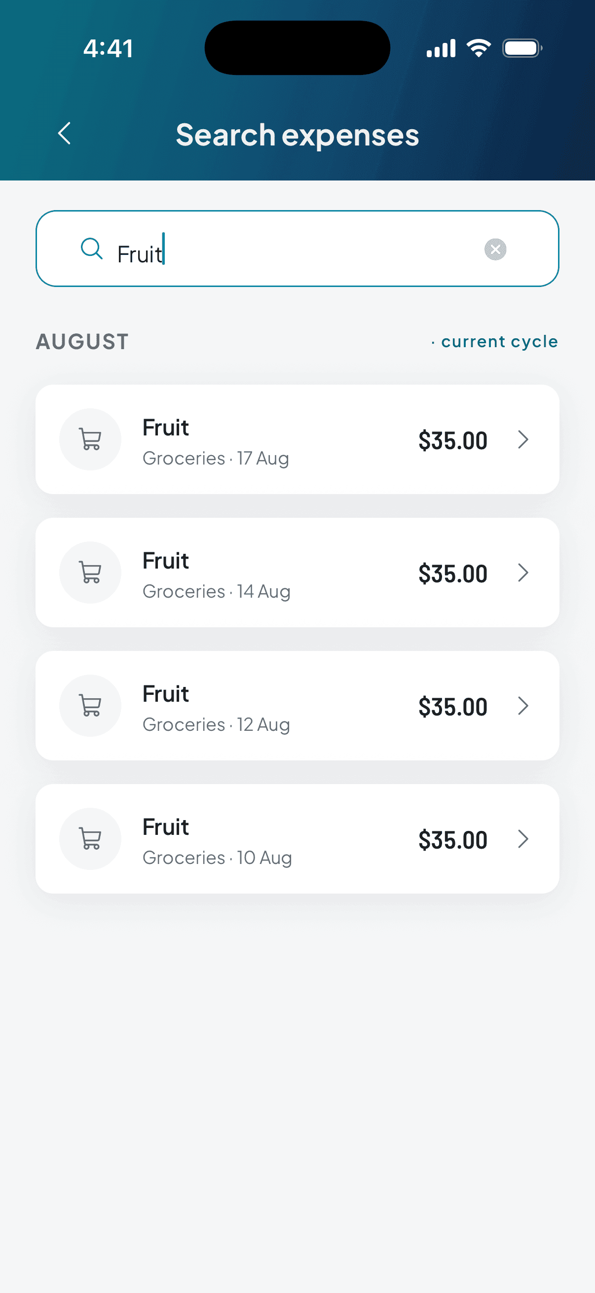 Search results grouped by cycle: each expense with its category, date and amount, and the current cycle marked as such.