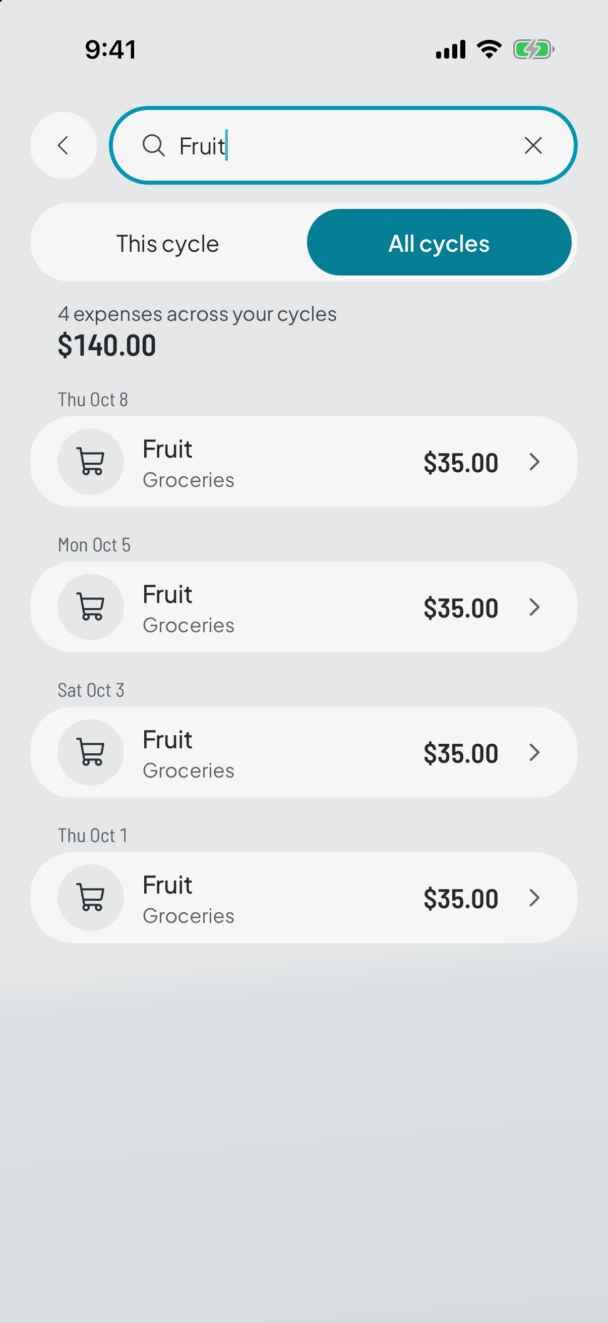 Search results grouped by cycle: each expense with its category, date and amount, and the current cycle marked as such.