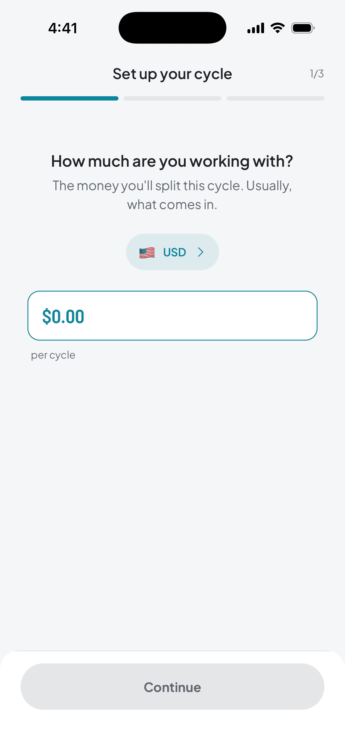 First step of the setup: the app asks how much you're working with, still at zero.